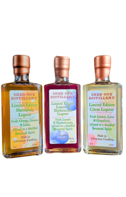 Three bottles of Spirit Liqueur: Citrus, Blackcurrant and Marmalade