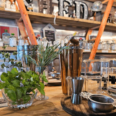 Cocktail accessories and fresh herbs